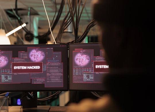 System hacked alert message on computer screen, hacker breaking into database server. Criminal cyberattack, malicious software, password cracking program, information stealing